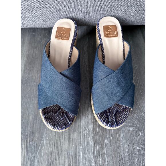 KANNA Spain denim fabric criss cross slide on espadrille wedge heels sandals - Picture 2 of 8
